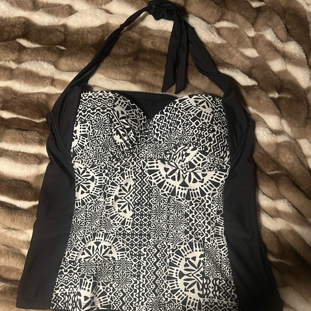 Catalina Black and White Halter Tankini Swim Top